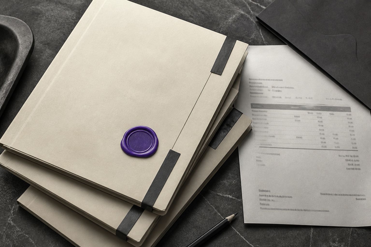 Stacked cream folders with charcoal tape and a violet wax seal