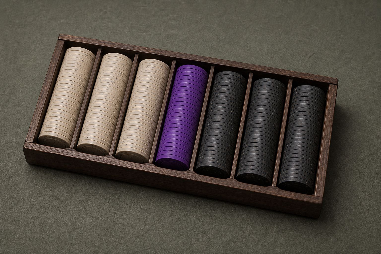 Wooden chip tray with bone, charcoal and one violet stack of chips