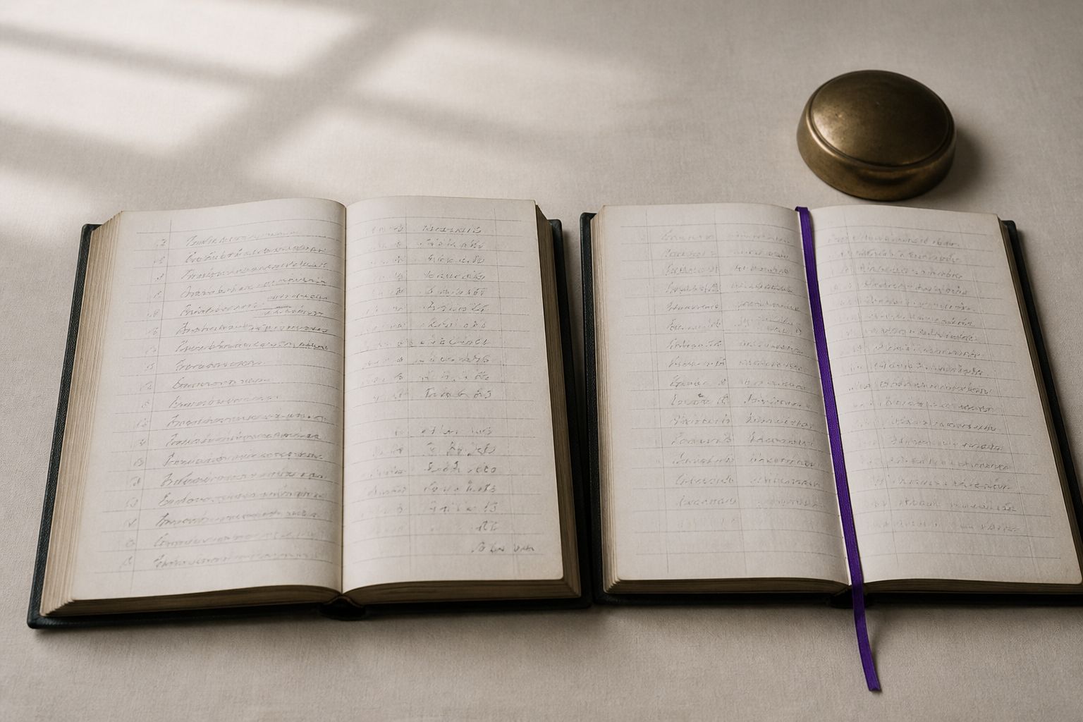 Two open cloth-bound ledgers on a bone desk with a violet ribbon bookmark