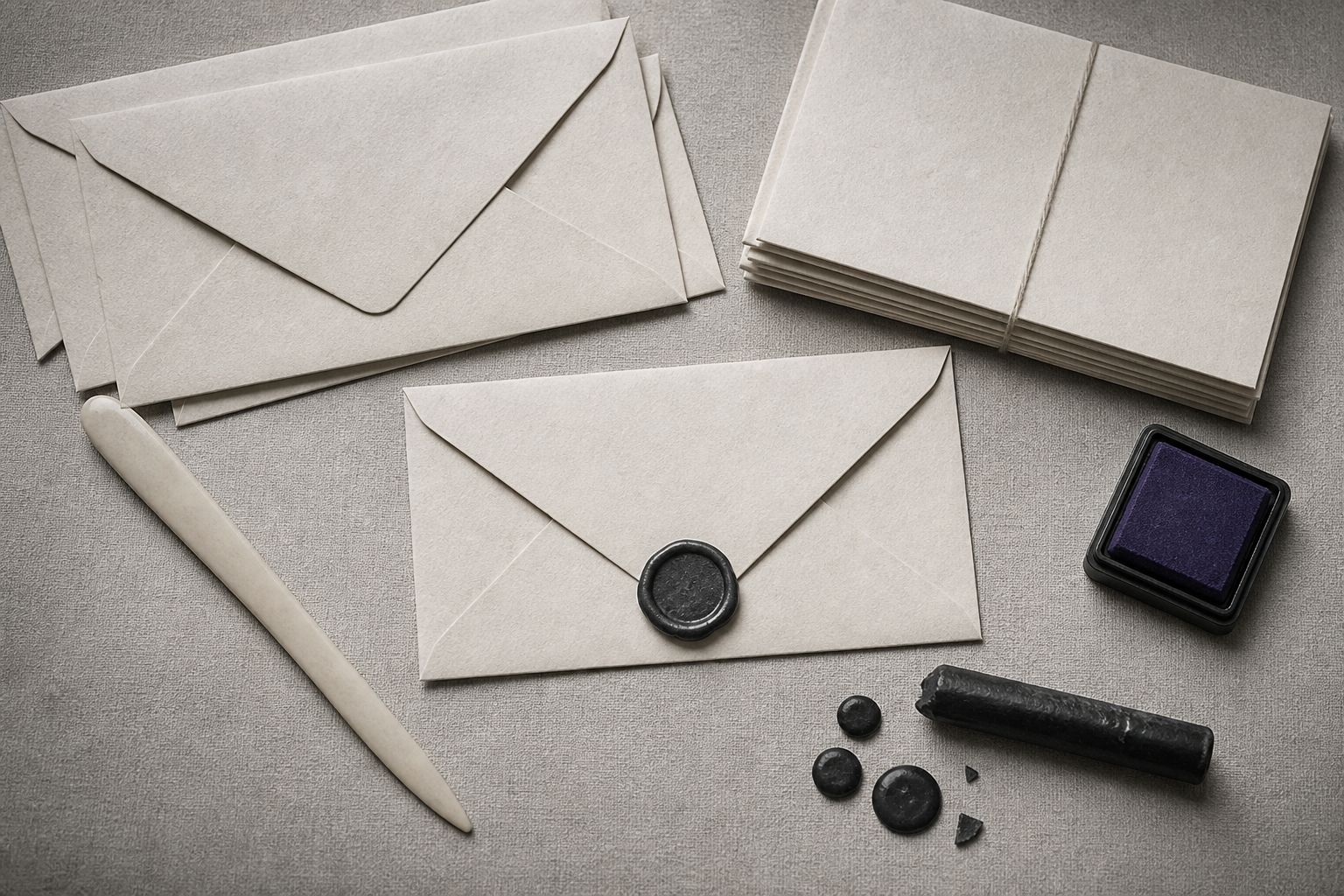 Bone envelopes, letter opener and a small violet stamp pad
