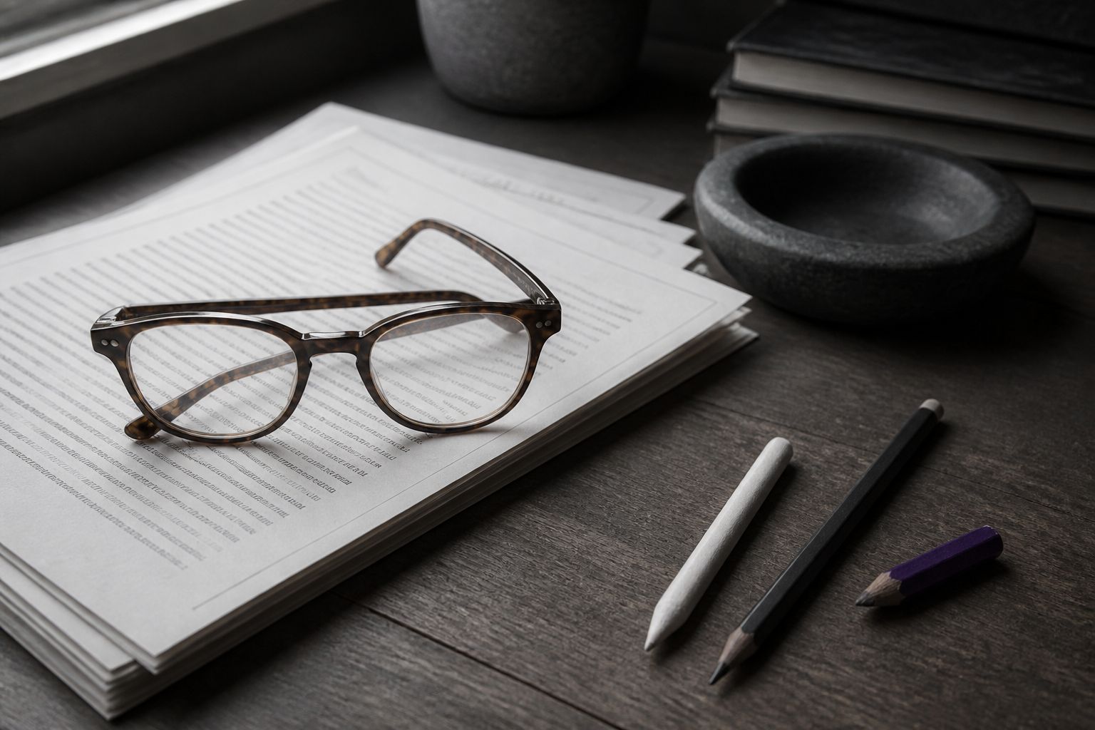 Printed sheets, glasses, charcoal pencil and a violet pencil stub on a desk