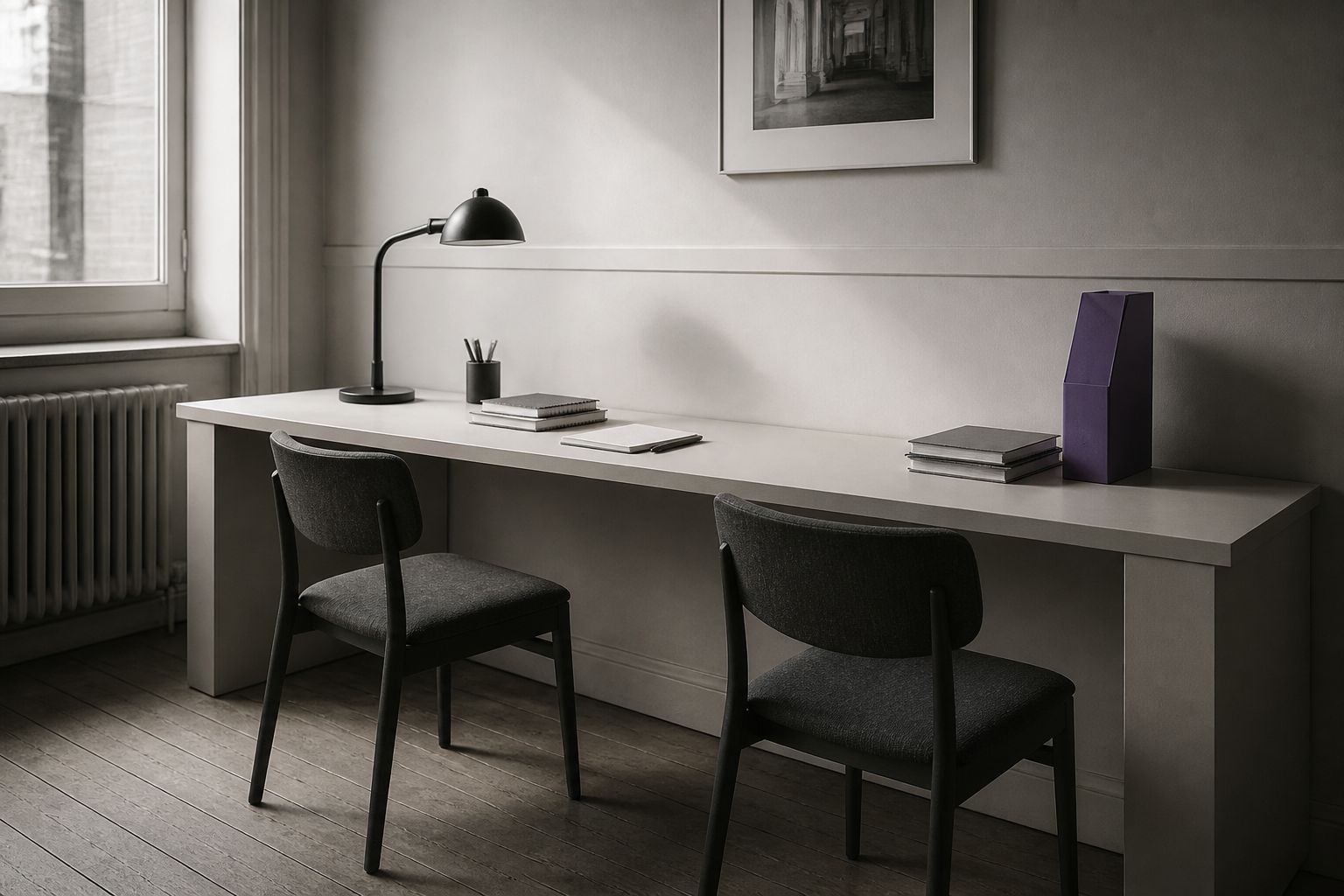Empty comparison desk with two chairs, notebooks and a violet folder