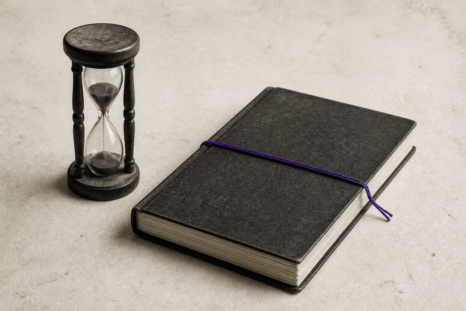 Hourglass and a charcoal notebook tied with a violet thread on bone paper