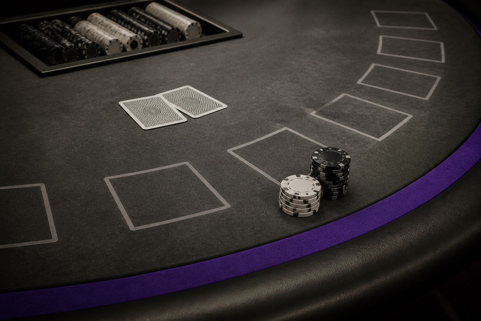 Empty blackjack table with chips and a violet felt stripe, photographed as a still life