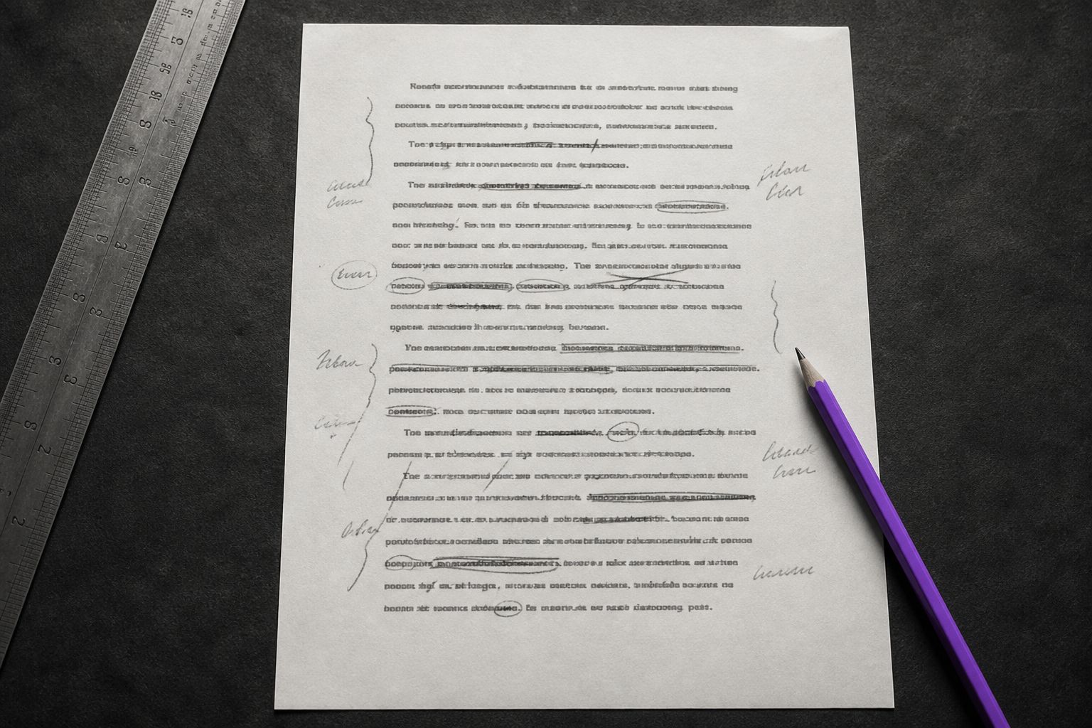 Printed sheet with charcoal correction marks and a violet pencil