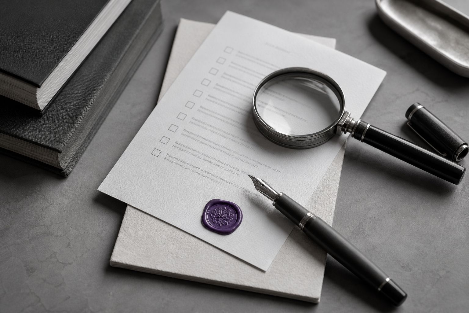 Overhead still life of a checklist, magnifying glass, fountain pen and violet wax seal