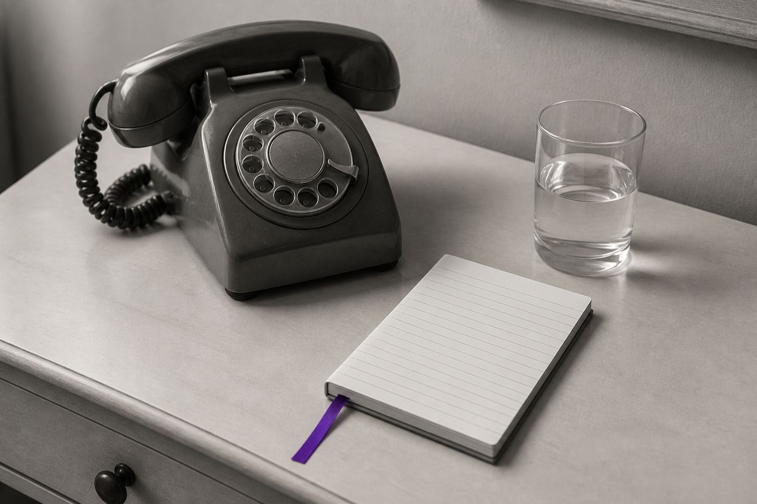 Charcoal telephone, notepad and a glass of water on a bone desk