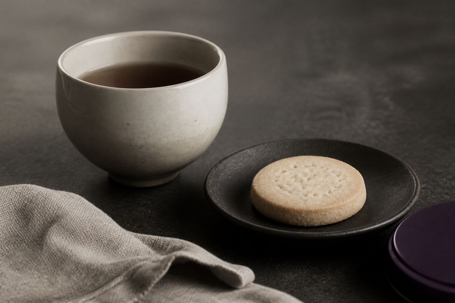 Bone cup, shortbread on a charcoal saucer, violet tea-tin lid